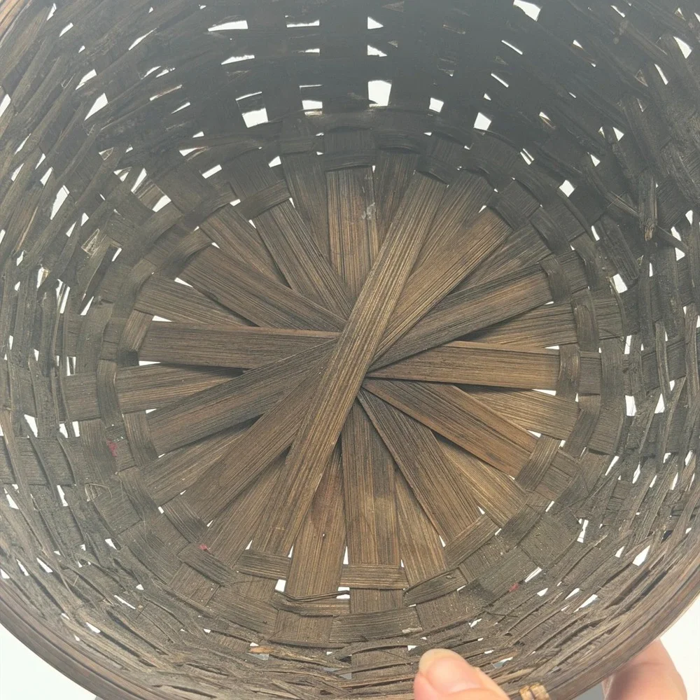 Vintage Woven Wood Round Basket with Tall Handle Brown Rustic Farmhouse Decor